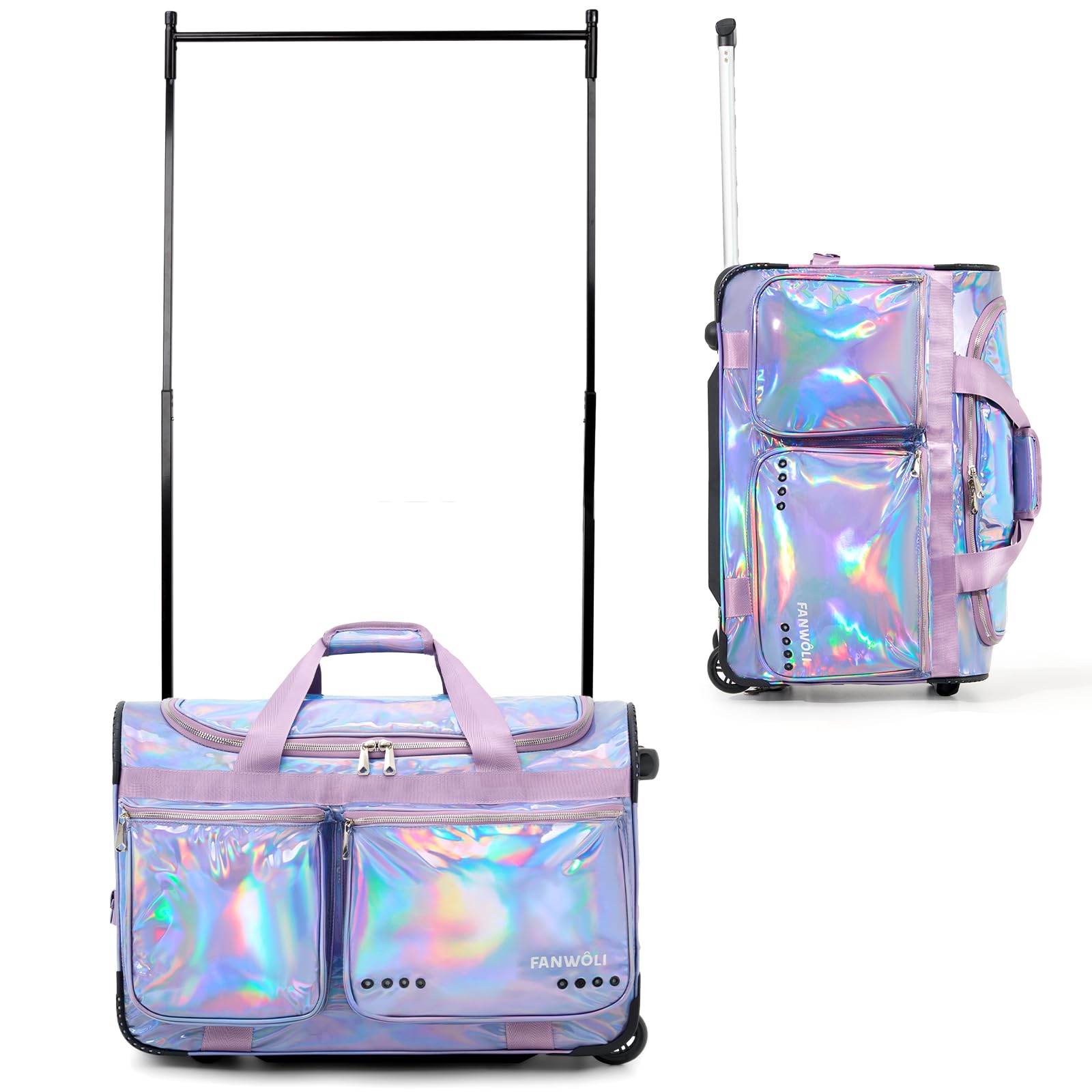 Fanwoli 23 Dance Bag with Garment Rack Prism-Glowing Collection Waterproof Iridescent Fabric Ideal Competition Duffle Bag for Dancer