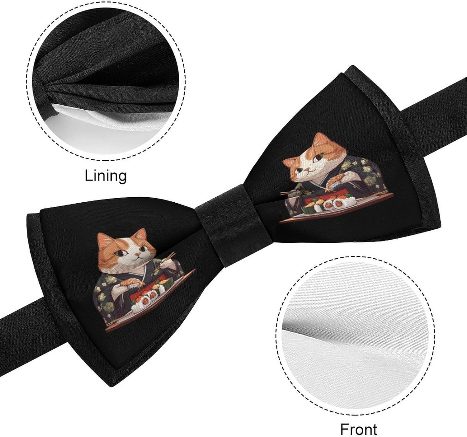 Japan Cat Eating Sushis Bow Ties for Men Fun Printed Pre Tied Adjustable Bowtie for Party Wedding