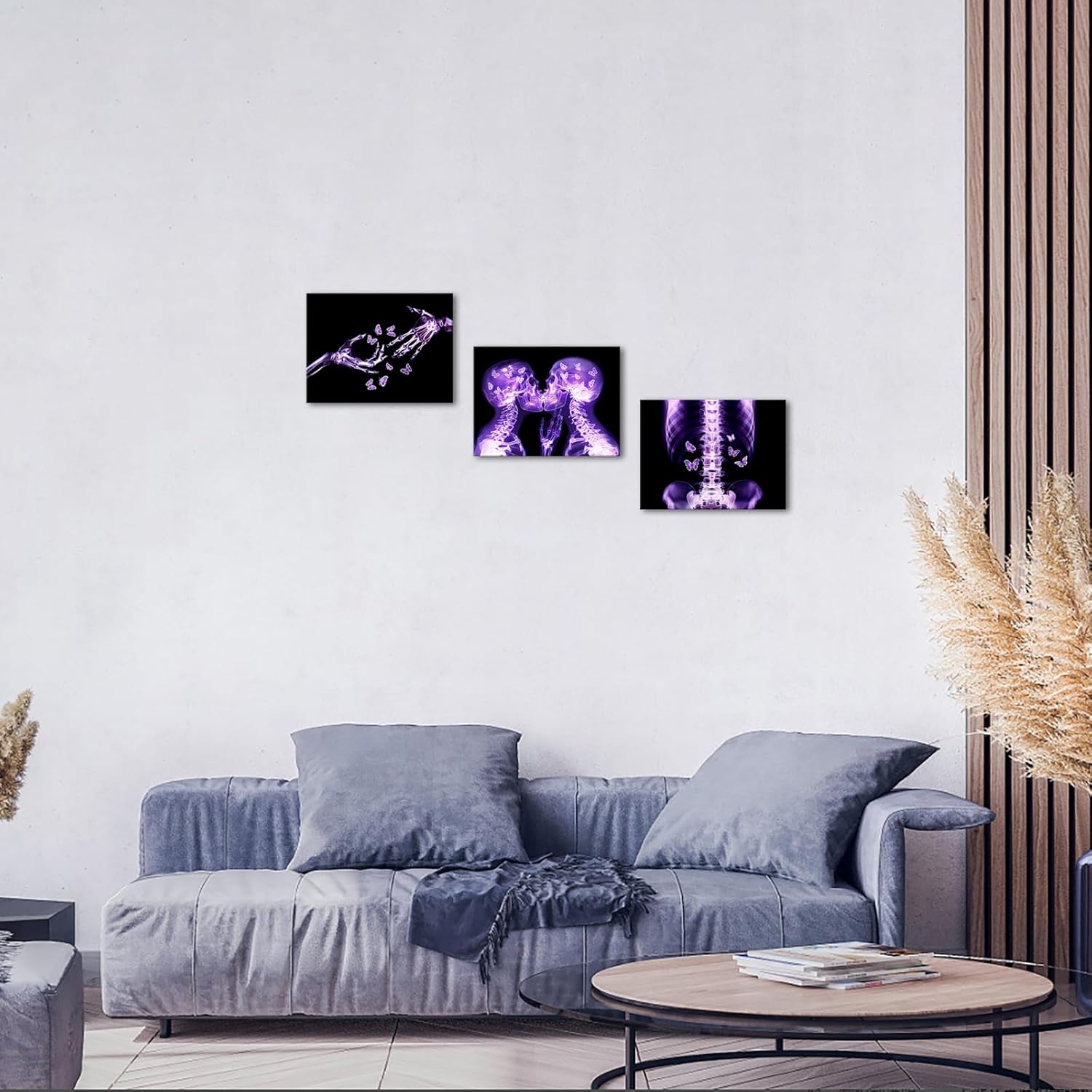 LyerArtork 3 Pieces Purple Skull Wall Art Canvas Prints Gothic X-Ray Human Skull with Butterfly Pictures Abstract Kissing Skeleton Lovers Painting Modern Romantic Bedroom Decor 12"x16"x3