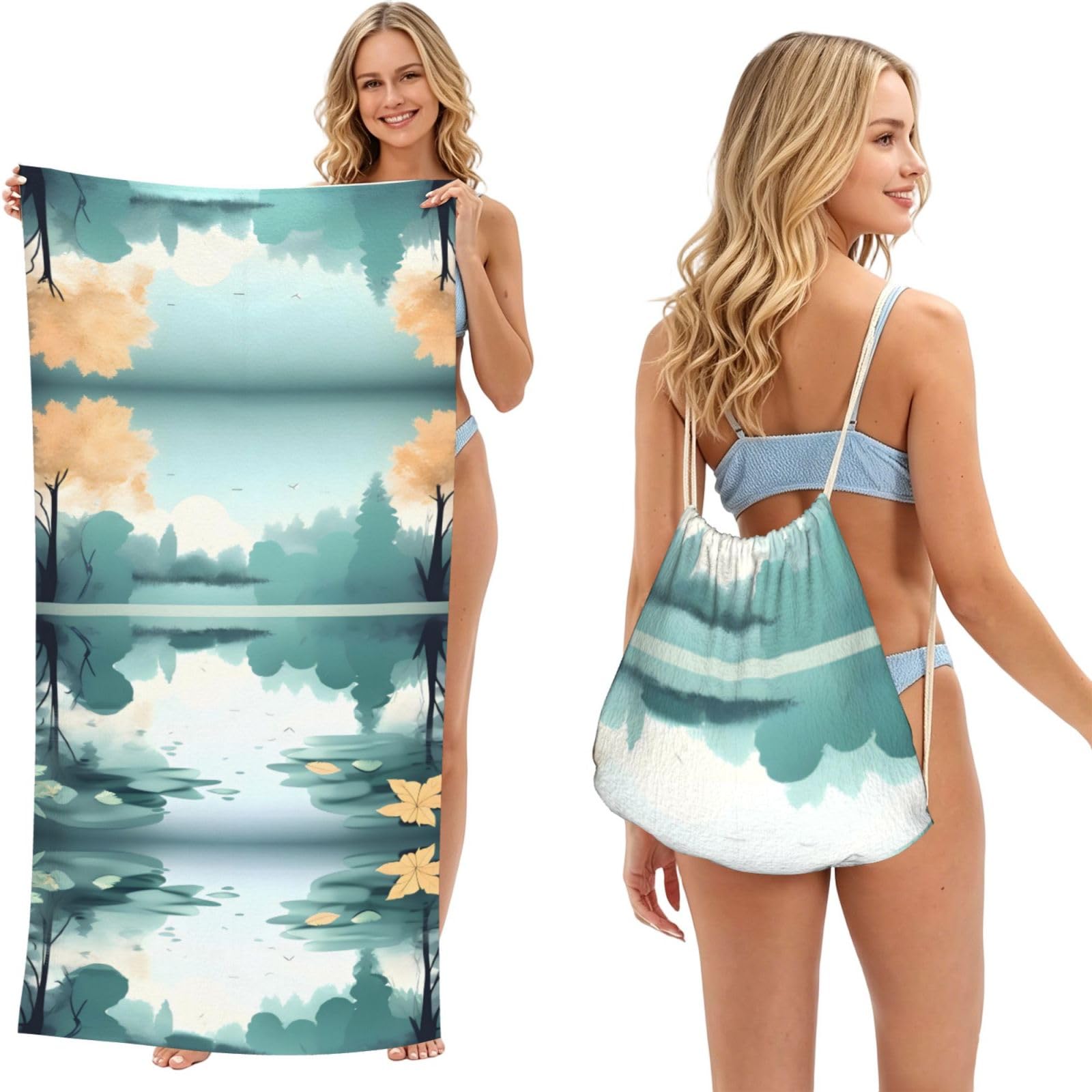 SXZVVBN Fallen leaves on a tranquil lake 2-in-1 Beach Towel Bag, Quick Dry Sand Free Travel Towel Backpack for Adults
