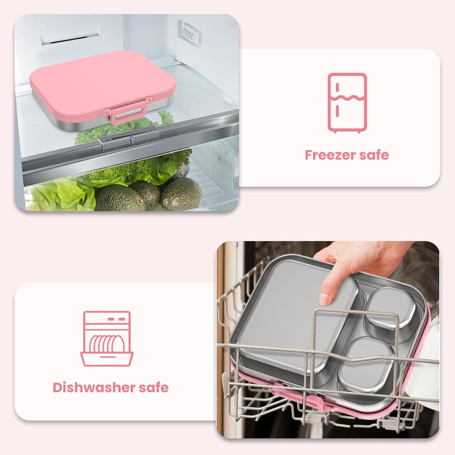 Stainless Steel Lunch Box, Leak-Proof with free sealing Bento Box 3 Compartments, Metal Lunchbox for Travel & Work, Eco-Friendly Meal Storage Solution Pink