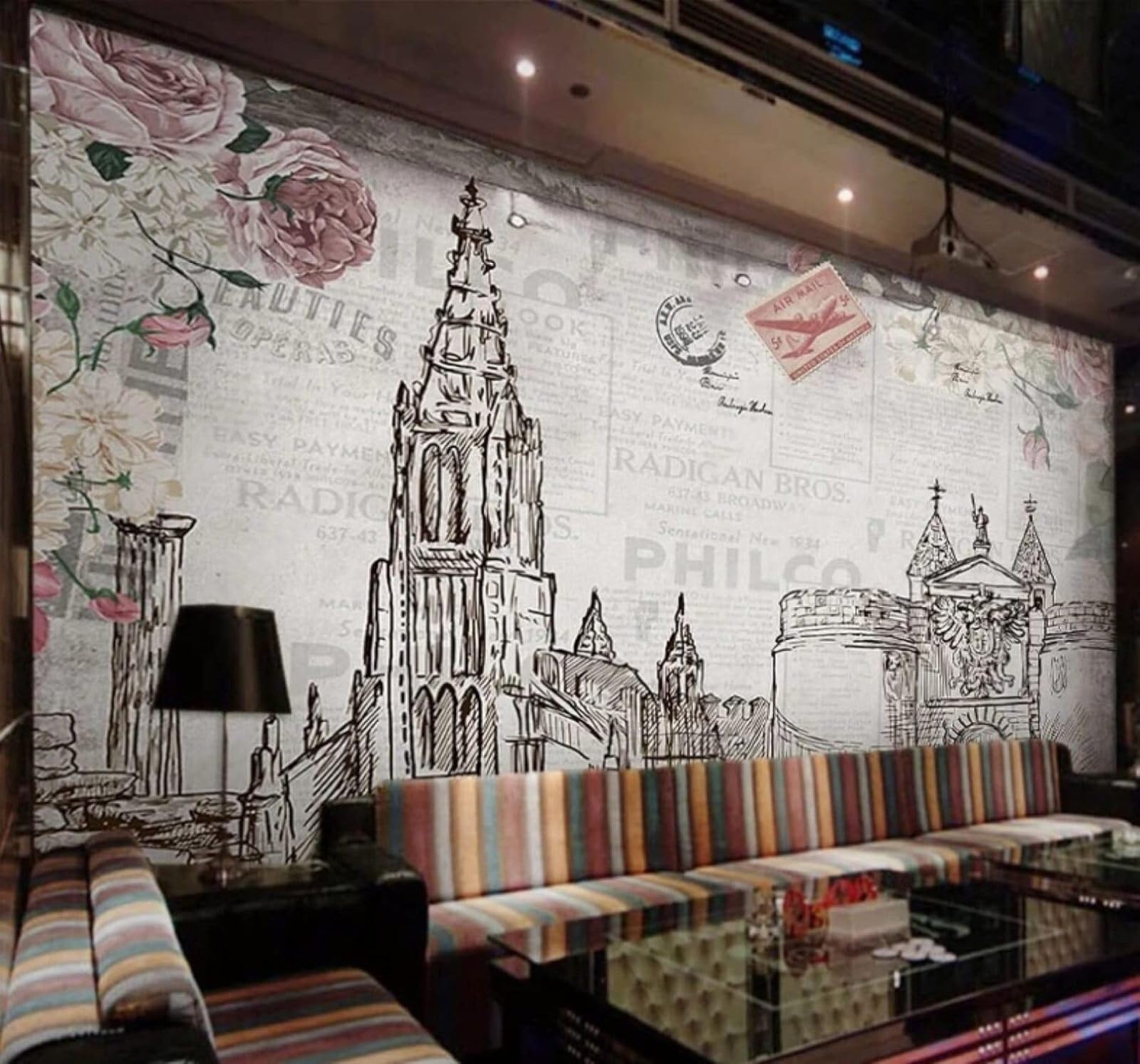 Wallpaper-3D-Xlm 430Cm×300Cm(B×H) Hand Drawn Black And White City Architecture Flowers Art 3D Wallpaper Easy Install Feature Office Living Room Sofa Bedroom Tv Background Wall Decoration-430Cm×300Cm