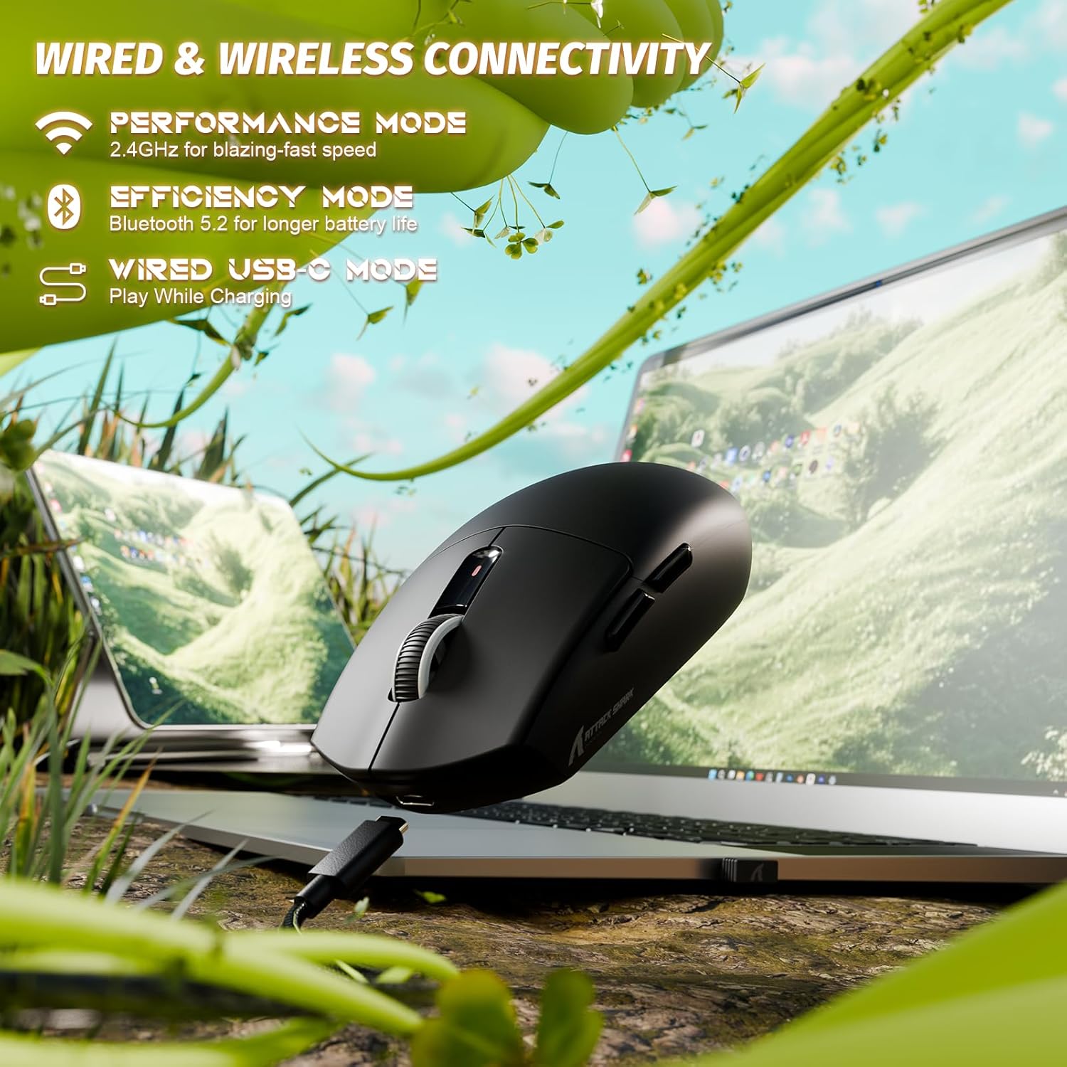 ATTACK SHARK G3 Wireless Gaming Mouse,Tri-Mode 2.4G/BT5.2/USB-C Gaming Mouse,PAW3311 Sensor,25,000 DPI,59g Lightweight,5 Programmable Buttons,500mAh Rechargeable Gaming Mice,PC/Mac(Black)