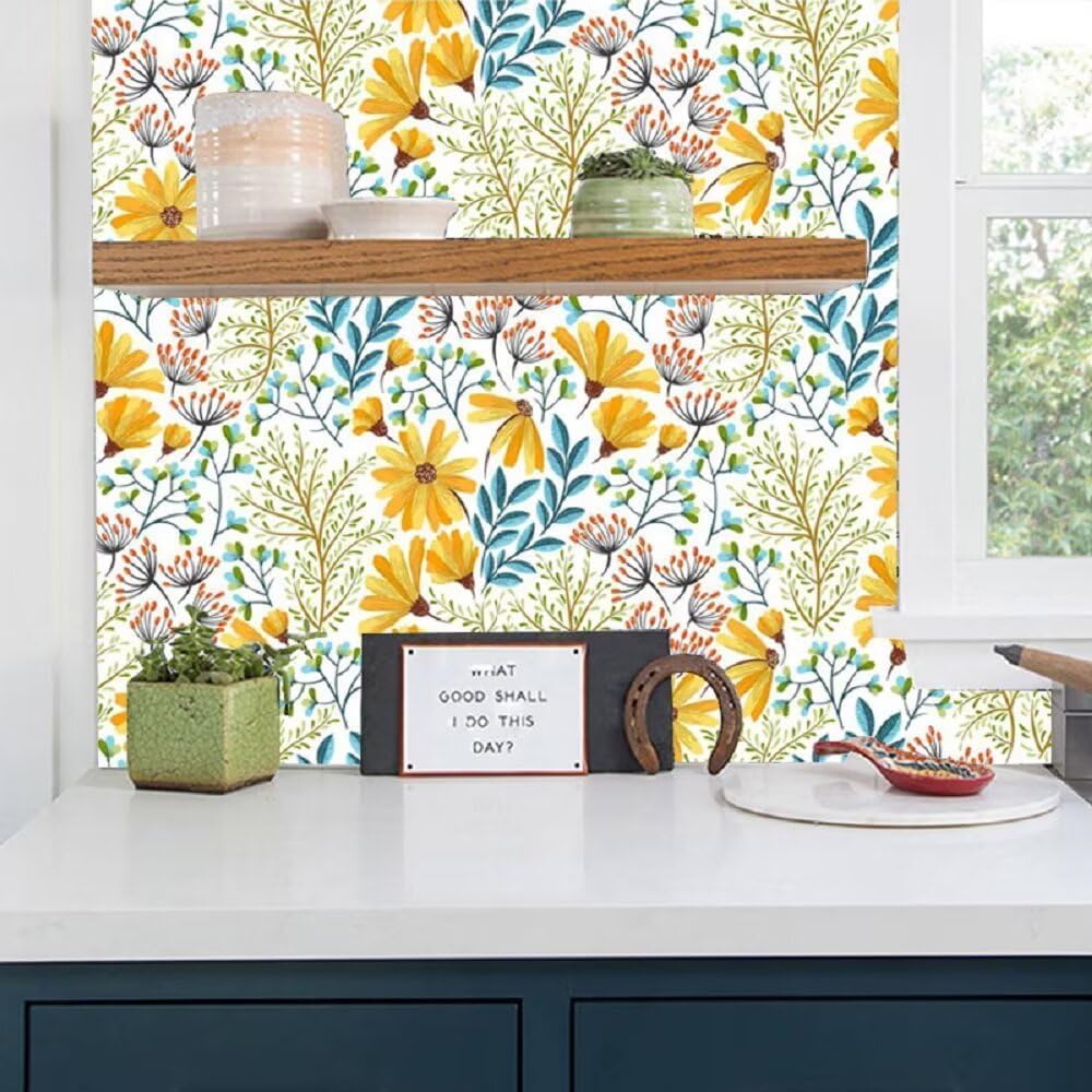 Botanical Floral Wallpaper Peel & Stick, 17.7" x 118" Self-Adhesive Vinyl Contact Paper Waterproof Home Decor Wall Covering Removable DIY Makeover for Bedroom, Living Room, Kitchen