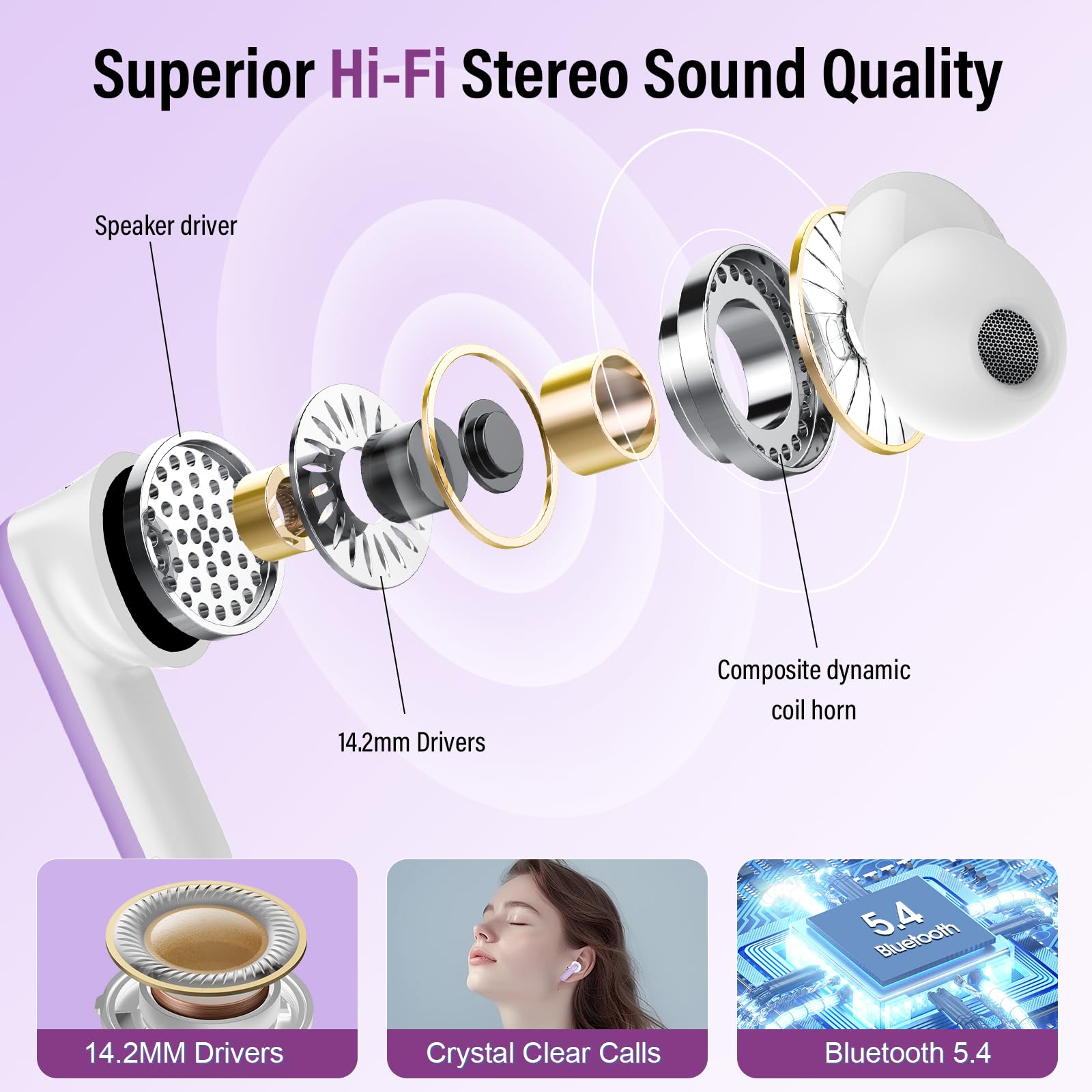 Cuffie Bluetooth, Auricolari Bluetooth 5.4 con ANC/ENC Cancellazione Rumore, 48Ore Cuffie Wireless In Ear, Stereo Hi-Fi, Touch Screen con Equalizzatore Cuffie Senza Fili, IPX7 Impermeabile, Oro Rosa