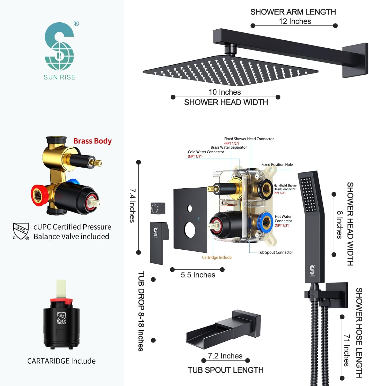 SR SUN RISE 10 Inches All Metal Bathtub Faucet Set Shower System with Tub Spout Square Rain Shower Head and Handheld Combo Shower Fixtures, Modern Valve and Trim Kit, Matte Black