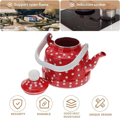 Miniatura 7 de DOITOOL Hervidor de té esmaltado para estufa, tetera esmaltada, tetera de café con lunares rojos y blancos con filtro de acero inoxidable para el