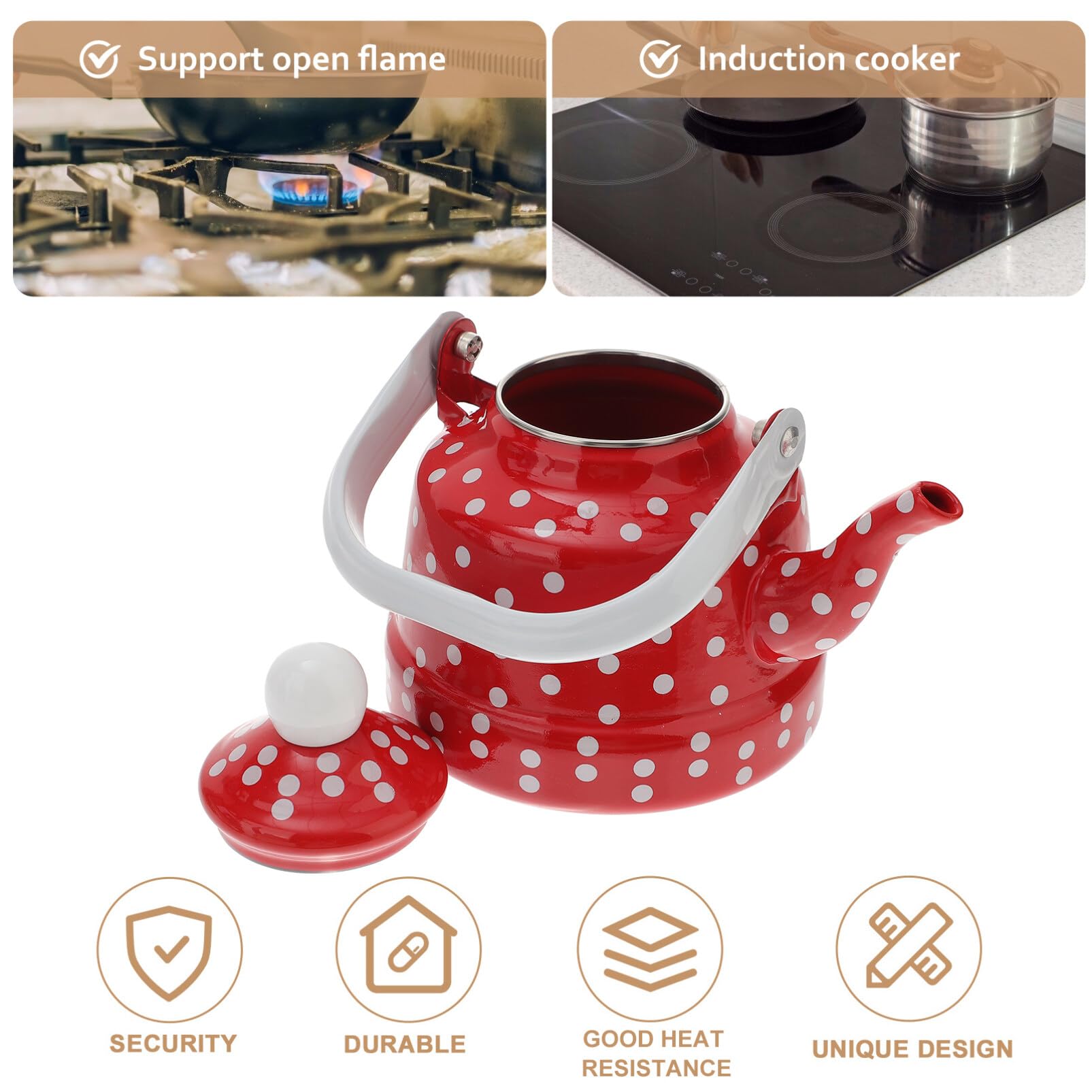 DOITOOL Émail Thé Bouilloire Cuisinière Bouilloire Émaillée Théière Café Rouge Et Blanc À Pois Thé Avec Filtre En Acier Inoxydable Pour La Maison Restaurant Cuisine