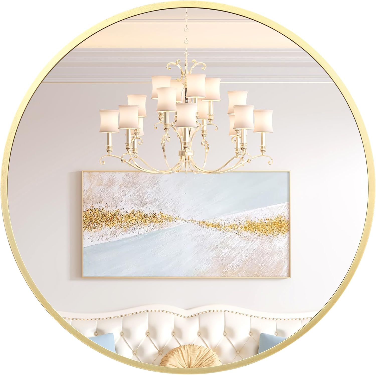 Round Mirror, 24 Inch Gold Circle Mirror with Metal Frame, Wall-Mounted Bathroom Mirror for Entryway, Living Room, Bedroom, Vanity & Hallway Decor