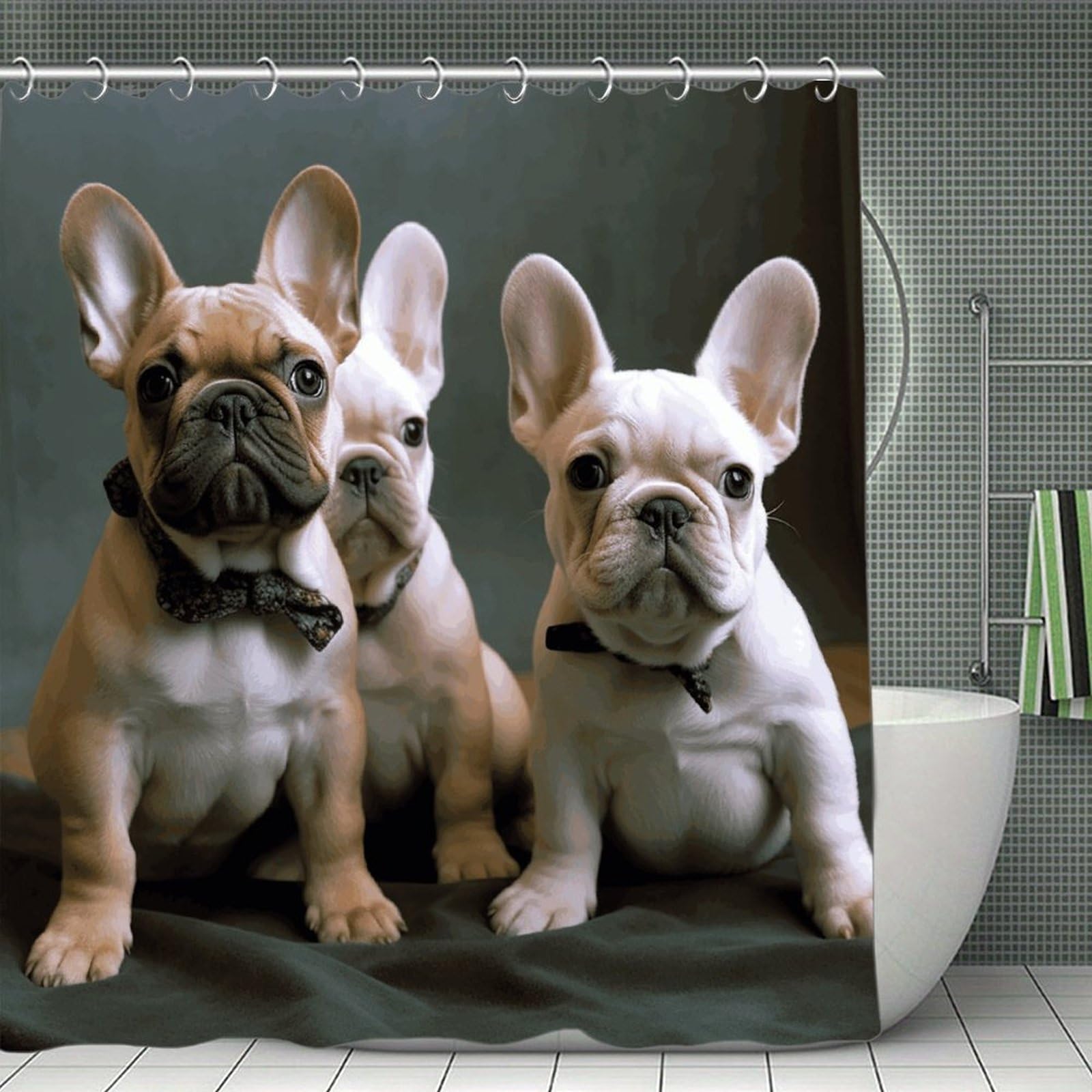VstaDank French Bulldog Puppies Shower Curtain Waterproof Bathroom Curtain with Hooks Luxury Weighted Bath Curtains for Bathtubs Showers Room Dividers Decorative Shower Curtains 71x71 in