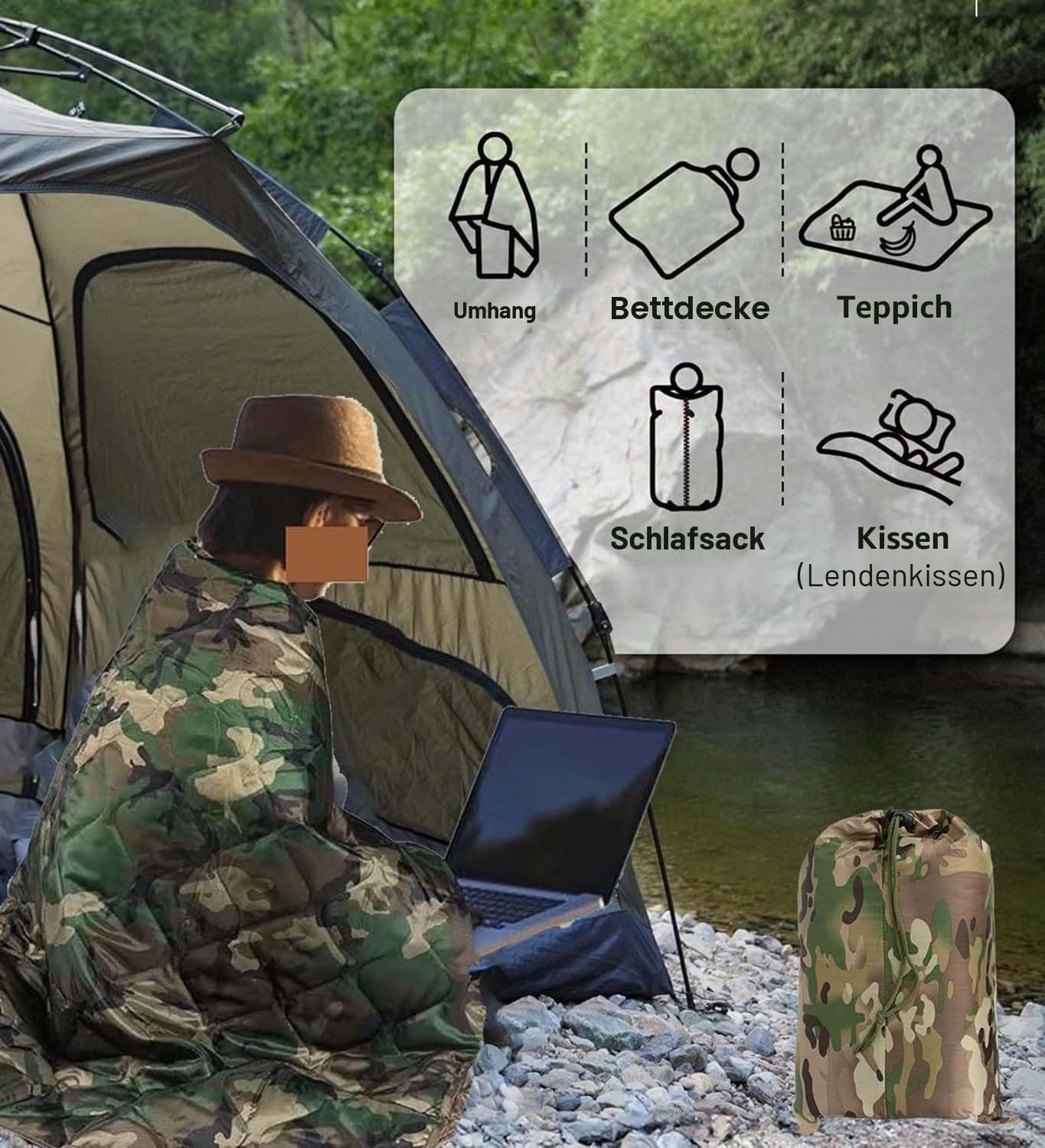 Poncho Liner, Campingdecke Outdoor 150X200cm, wasserdichte Picknickdecken Camouflage, Jagd Decke Winter für kaltes Wetter, Picknick, Strand, Garten, Shelter-CP