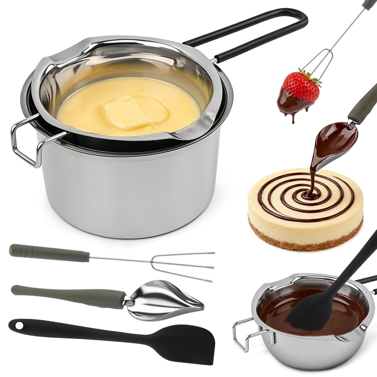 Stainless Steel Double Boiler Melting Pot (600/1600ML) & Silicone Scraper,Tridented Tool,Chocolate Spoon,Large Capacity Chocolate Melting Pot for Butter Candy Butter Cheese Making
