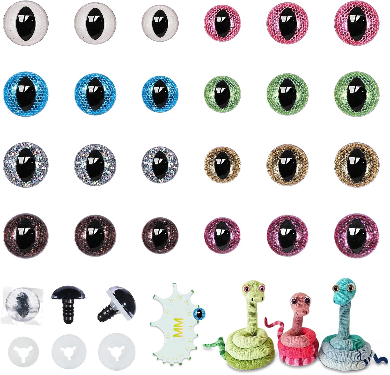 MUCUNNIA 60pcs 12-18mm Snake Cat Eyes 3D Moon Glitter Safety Eyes for Crocheting with Washers