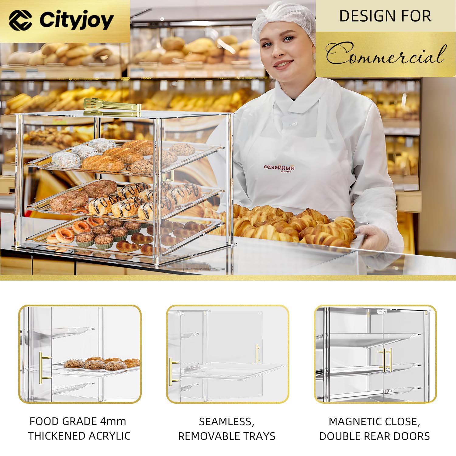 Cityjoy Espositore per pasticceria con 3 vassoi con porte posteriori magnetiche, 52,8 x 40,1 x 42,9 cm, in acrilico, con vassoi rimovibili e pinze in acciaio, espositore per alimenti per ciambelle