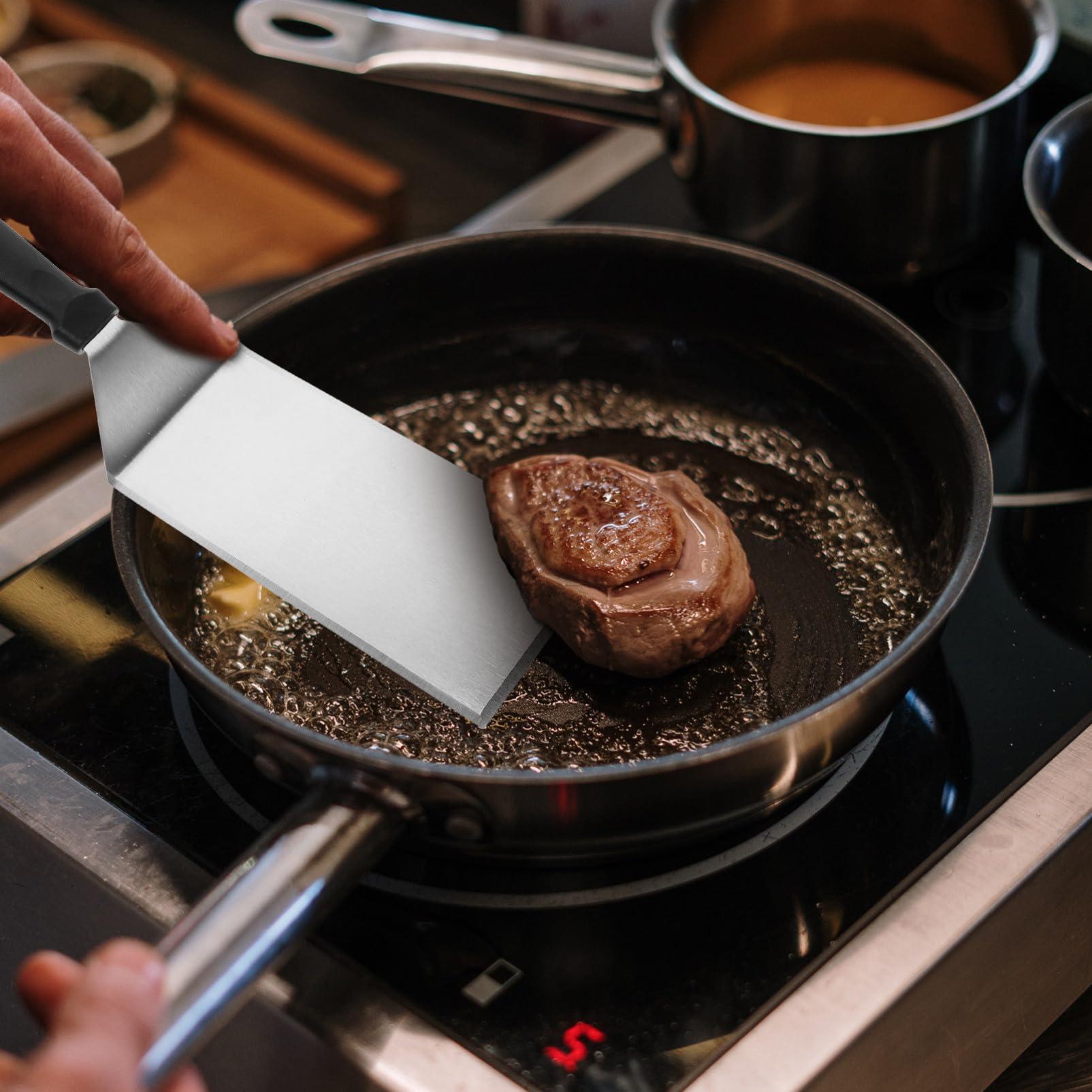 Spatole da Cucina in Acciaio Inossidabile Manico in Plastica Pala per Bistecca Portatile per Barbecue e Fornello Utensili da Cucina Resistenti per Uso Esterno e Indoor