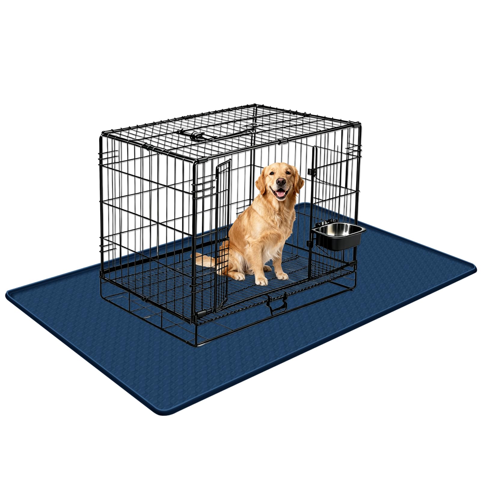 Bartuke Silicone Dog Bed Mat, 51"x 25.6" Crate Mat for Dog Cages, Kennel Mat with Raised Edge, Washable, Waterproof, Leakproof, Protect Floors (Navy Blue)