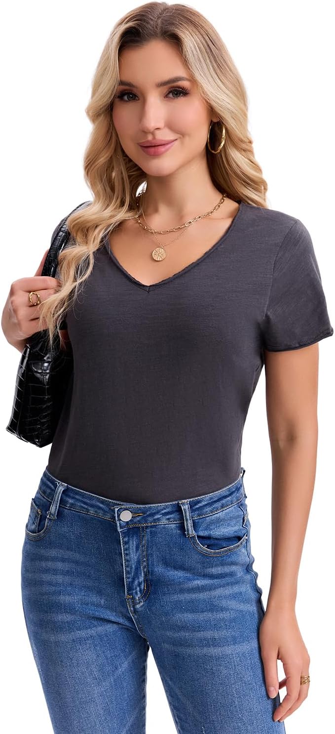 Inadays Womens Slub Cotton T Shirts Short Sleeve V-Neck Raw Hem Summer Tops Loose Fit Tee Basic Clothes Fashion Outfits - Image 3