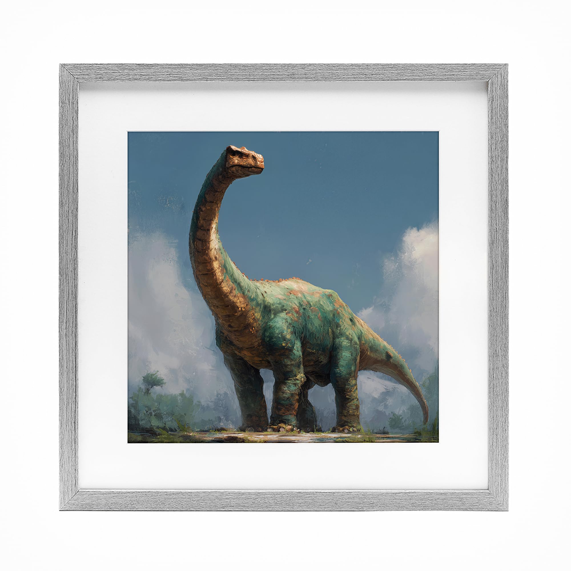 Stupell Industries Farmhouse Gray (Textured) 'Colossal Brontosaurus In Meadow'| Framed Print Under Glass