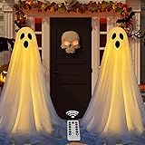 DAZONGE 2 Packs Halloween Decorations Outdoor, Spooky Halloween Ghost Decor with Remote String Lights Battery Operated, Easy to Assemble Ghost Decorations for Front Porch Yard
