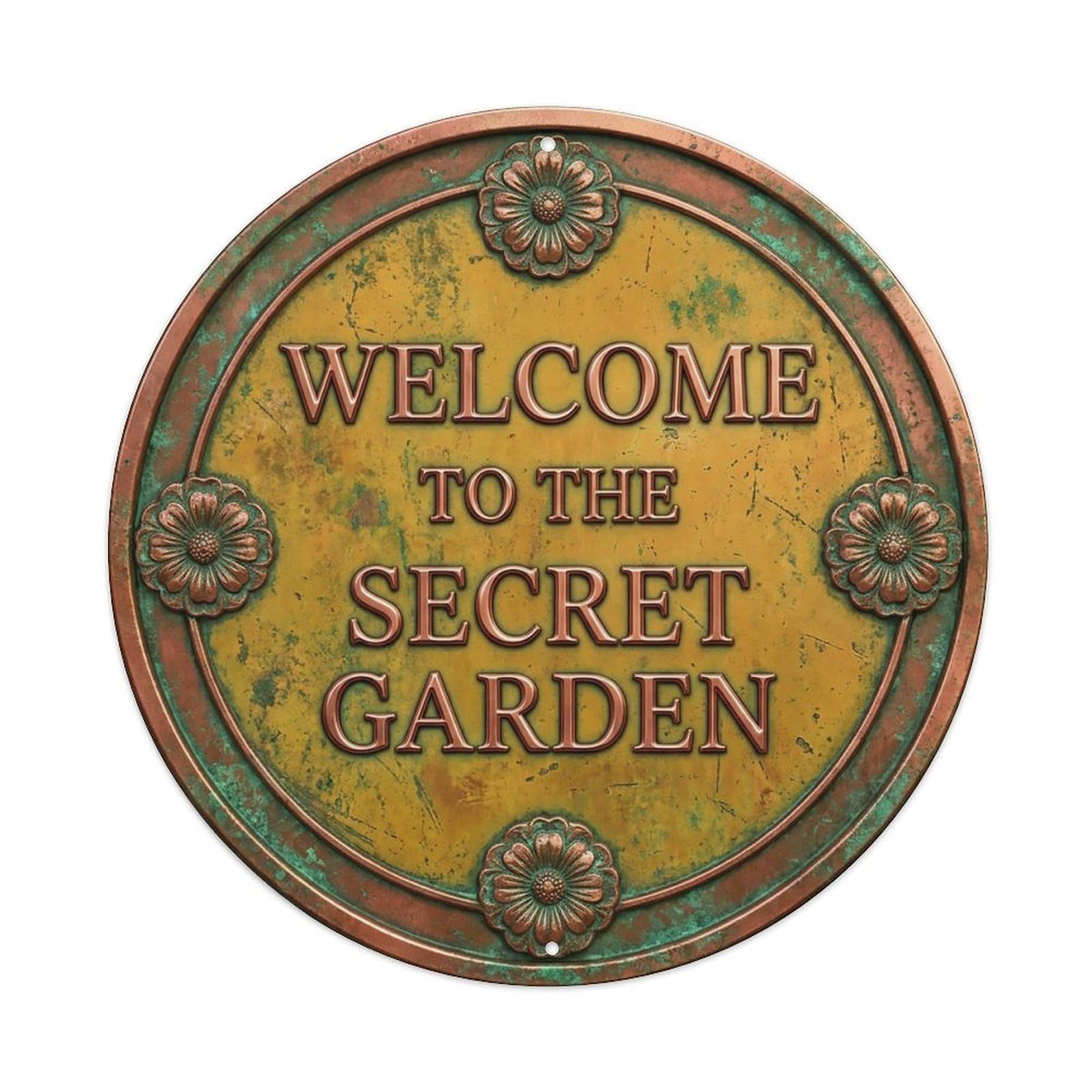 Vintage Welcome Secret Garden Copper Saffron Marigold Metal Tin Sign