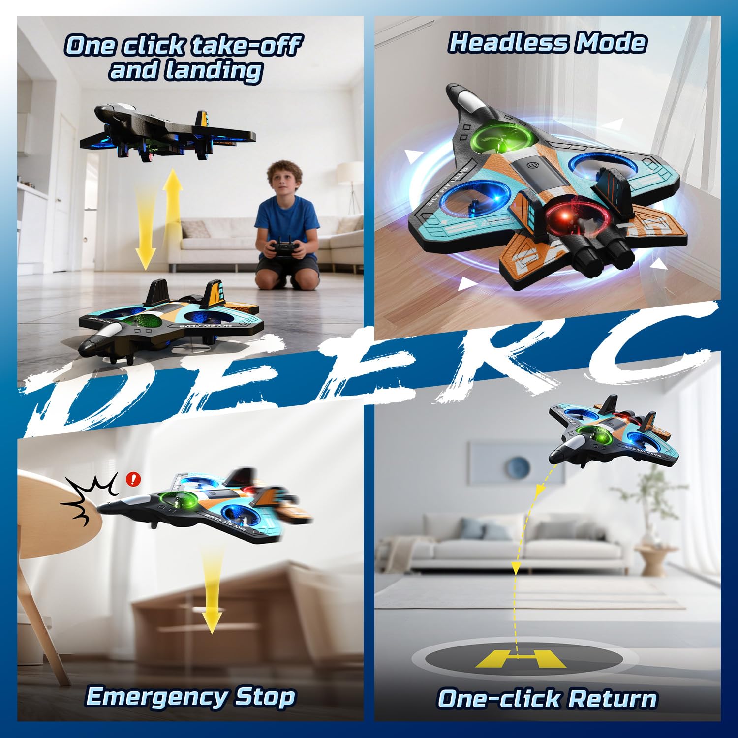 DEERC Avión de espuma RC para niños, avión teledirigido con altitud, volteos 3D y luces LED, 2 baterías, avión teledirigido para principiantes para niños y niñas (azul y naranja)