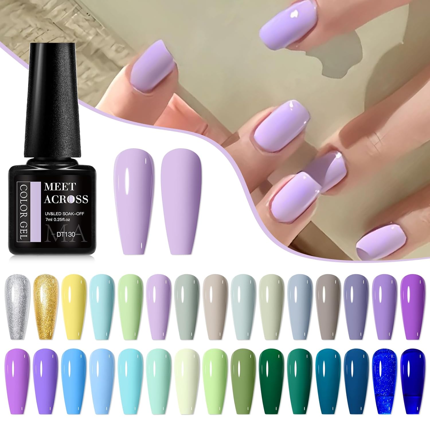 MEET ACROSS 30 PCS Gel Nail Polish Set, Purple Blue Green Gold Silver Yellow Nail Polish Kit Sage Forest Emerald Green Navy Lavender Soak Off Nail Art Salon DIY Gift Women