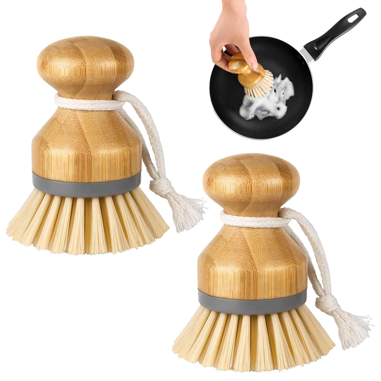 Lot De 3 Brosses Champignon En Bois Éco – Nettoyage Vaisselle, Légumes, Casseroles – Poils Palmier & Sisal Naturels