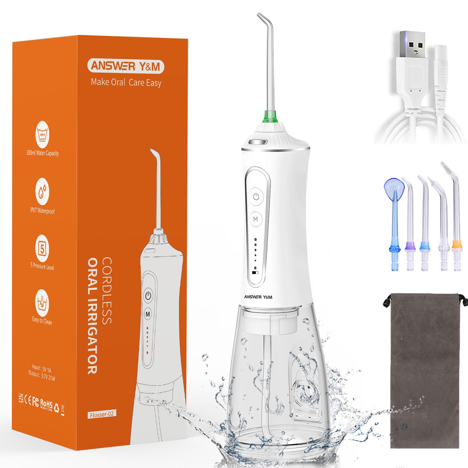 Irrigador Bucal Portátil Flosser - 5 Boquillas, 4 Modos (limpieza, Suave, Disparo, Personalizado), Tanque 270 Ml | Resistencia Al Agua IPX7, Batería Larga Duración, Ideal Para Viajes Y Casa