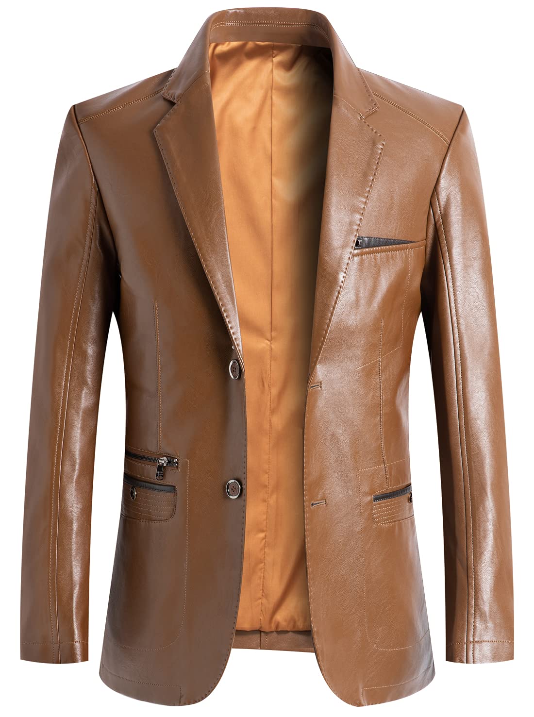 chouyatou Men's Casual Notched Collar 2 Button Slim Moto Faux Leather Blazer Suit Jacket