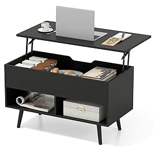 COSTWAY Mesa de Centro Elevable de Madera, Mesa de Cóctel Moderna con Compartimento Oculto &amp; 2 Estantes Abiertos, para Salón, Sala de Recepción, Oficina (Negro)