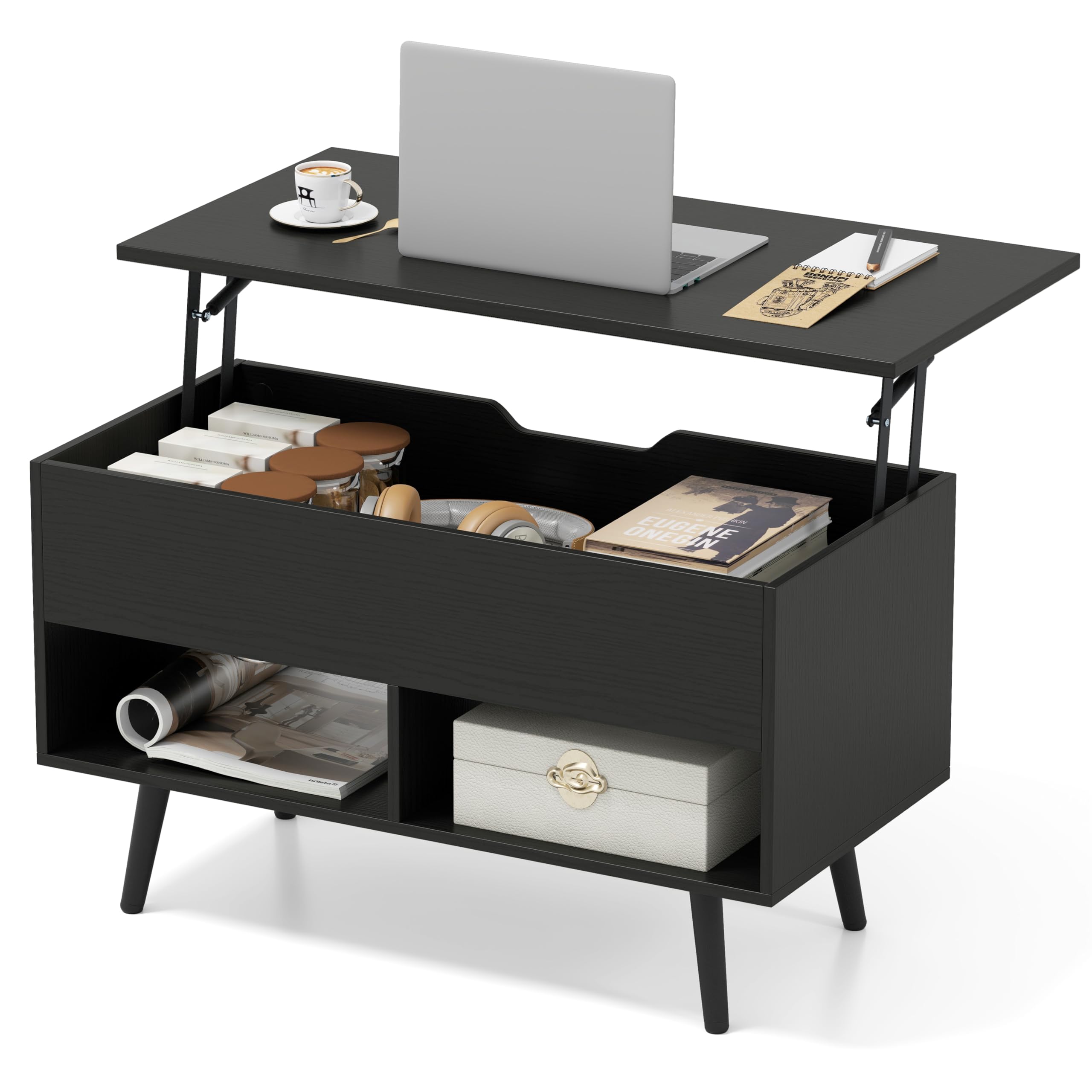 COSTWAY Table Basse Relevable 2 Plateaux Avec Rangement - Bois Massif Marron