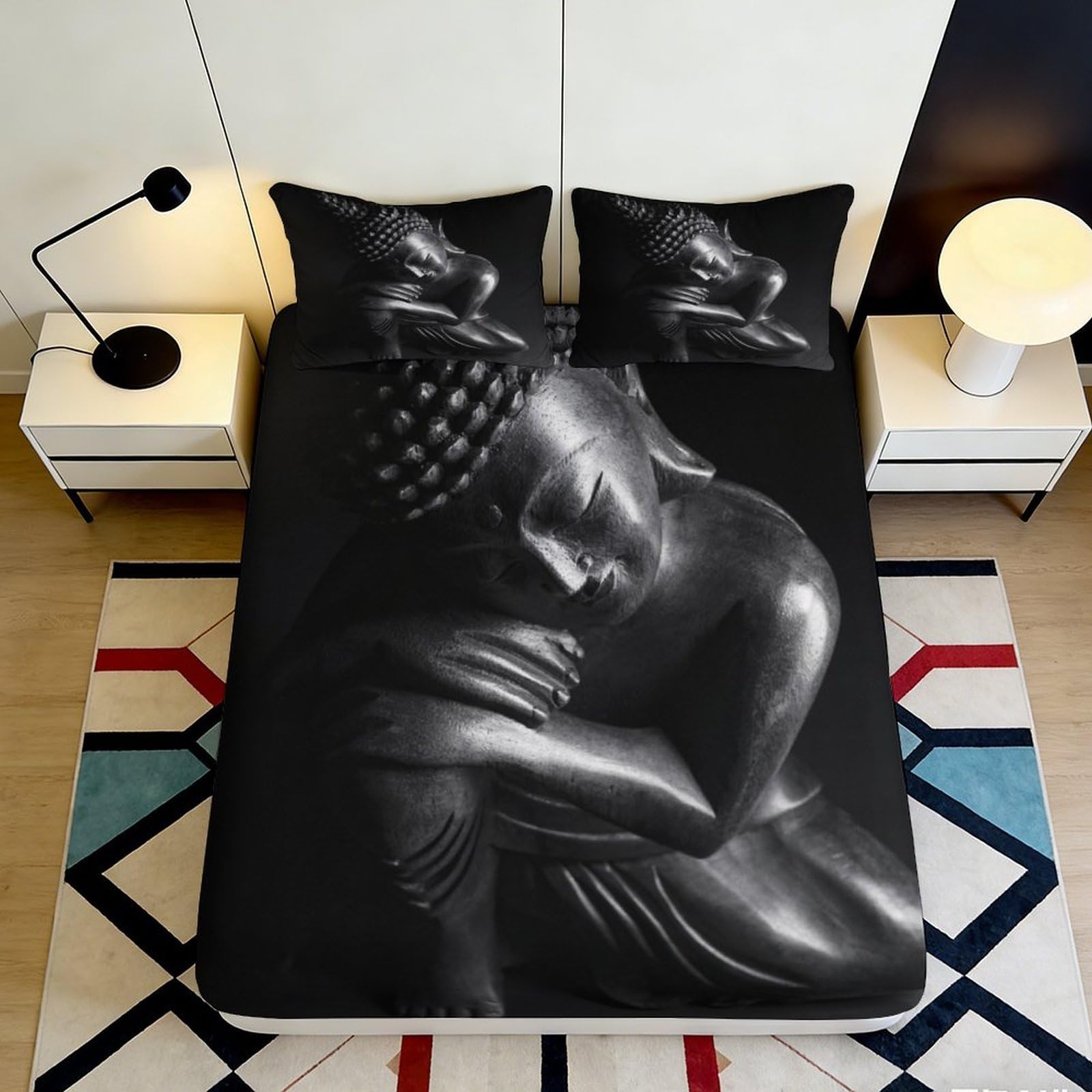 3D Printed Black Buddha Fitted Sheet Microfiber Soft Breathable Meditation Bed Cover for Bedroom Dormitory Guest Room Mattress Protection Decor 90x200x25cm