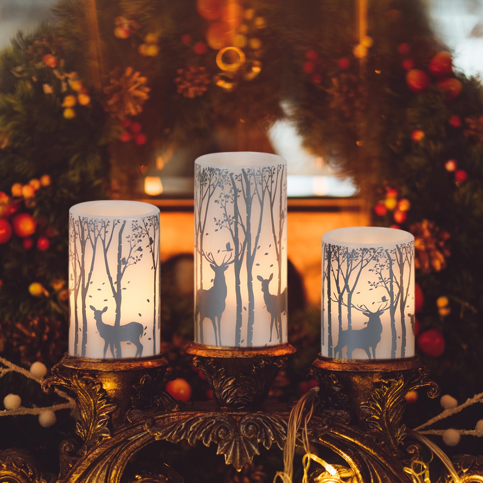 Candele tremolanti senza fiamma a forma di cervo argentato, funzionamento a batteria con timer 6H, confezione da 3 candele a colonna in vera cera a luce calda, a LED, decorazione per cena,