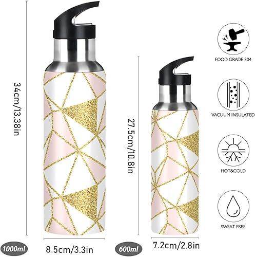 Miniatura 2 de Stainless Steel Vacuum Insulated Water Bottle 20 Oz, Leakproof Water Bottles for Gym Outdoor Travel School, Geometric Gold Triangles