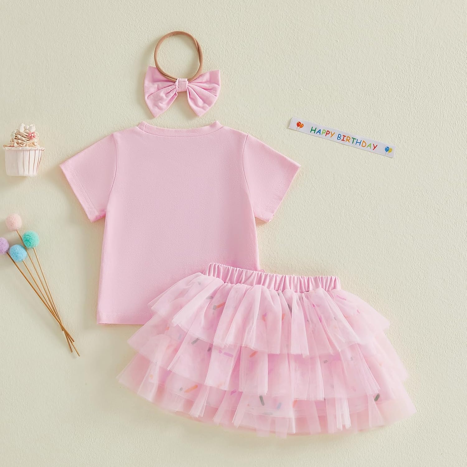 Toddler Girls Birthday Outfits Letter Embroidery Short Sleeve T-Shirts Tutu Skirt with Headband Sets