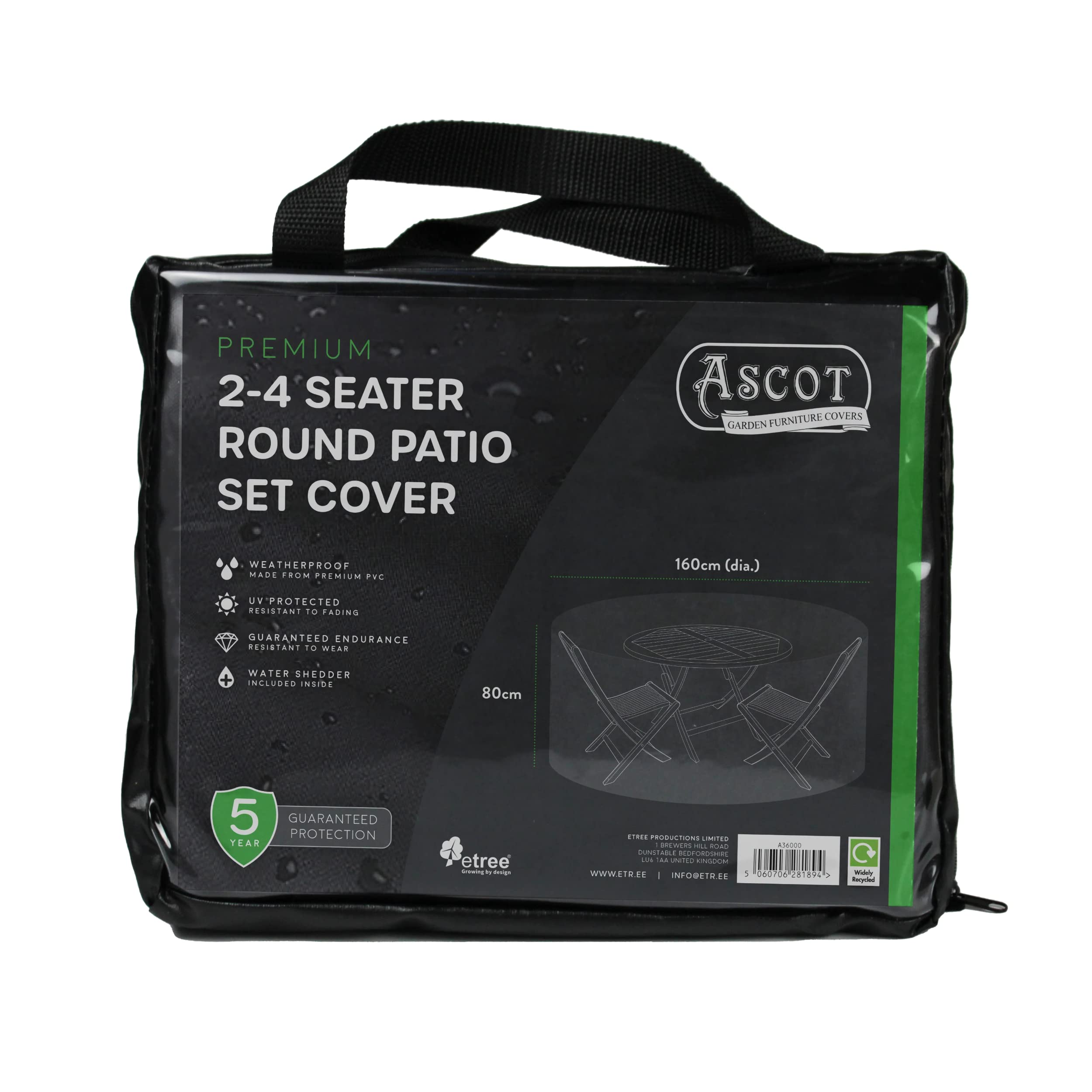 Ascot Garden Furniture Covers Black Ascot Premium Small (2-4 Seater) Round Patio Set Cover - 160 (Dia.) X 80(H) Cm Deep
