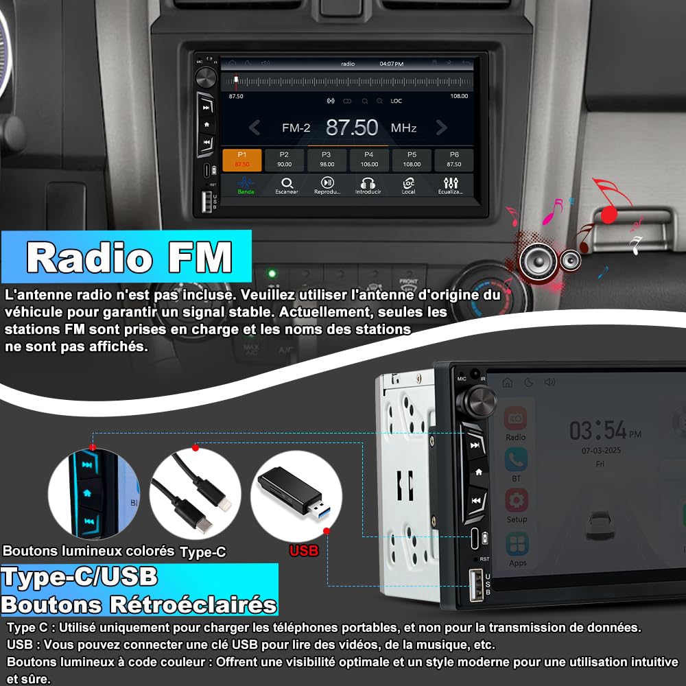AWESAFE Autoradio 2 DIN CarPlay & Android Auto | Écran Tactile IPS 7 Pouces | Bluetooth 5.0 GPS | Caméra de Recul | MirrorLink | FM EQ | USB Type-C AUX