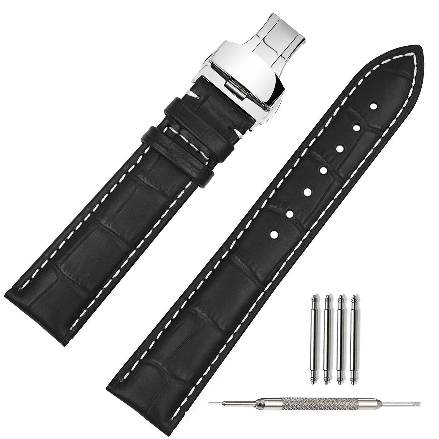 TStrapTStrap Uhrenarmband 20mm Leder Armband Schwarz Herren  Lederarmband Uhrenband mit Edelstahl Faltschließe Faltschliesse 18mm 19mm  21mm 22mm