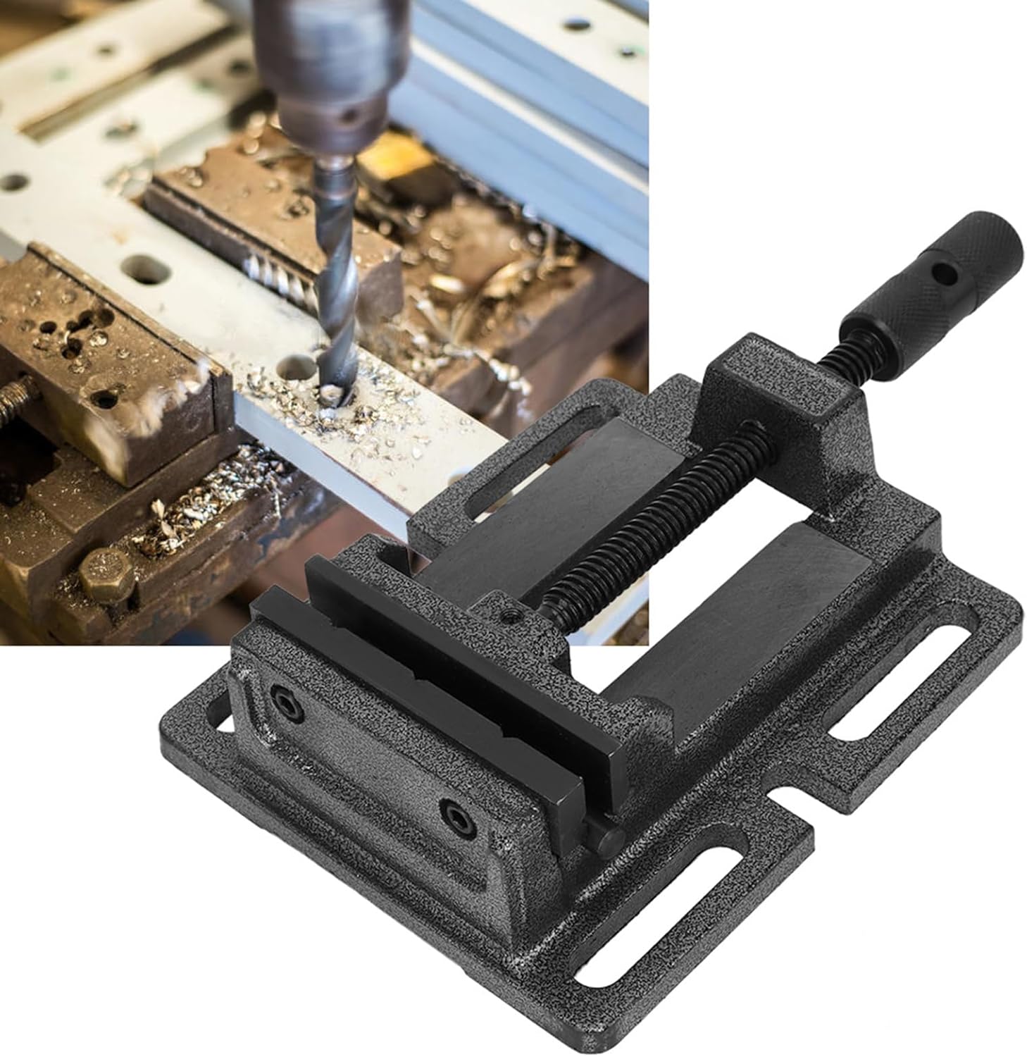 German Press Vise, 5 Inch Cast Iron Slotted Base Clamp, Rotating Crank Handle Bench Tool for Drilling Work (6 Inch (153mm ID, 5mm Thickness))