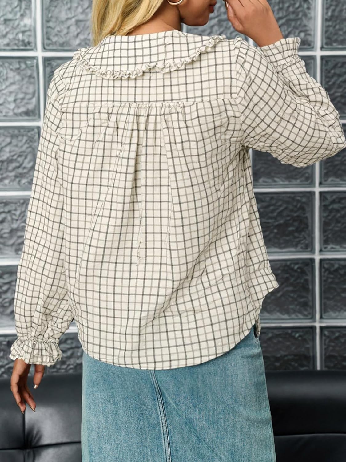 Tankaneo Womens Peter Pan Collar Button Down Shirts Long Sleeve Plaid Blouse Dressy Casual Fall Tops - Image 5