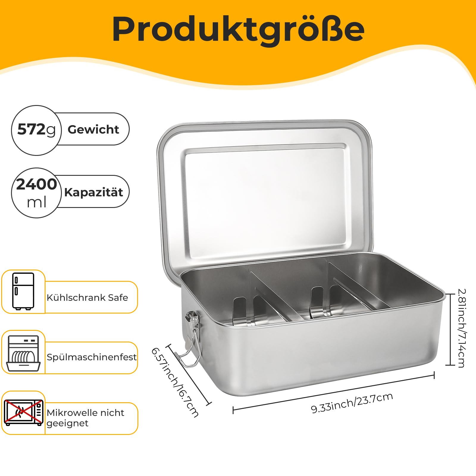 Contenitore per il pranzo in acciaio inox, 2400 ml, impermeabile, con scomparti e guarnizioni per scuola, lavoro, picnic, sostenibile ed ecologico, senza BPA, per studenti, adulti