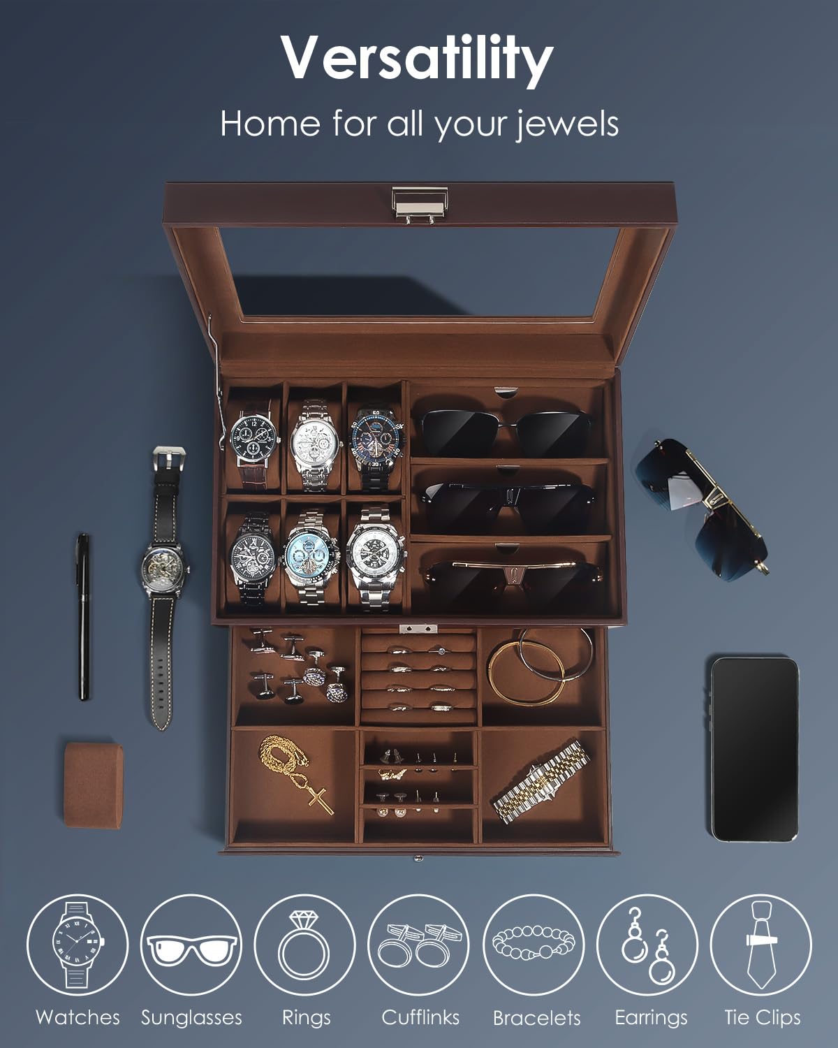 Kukikan Horloge-sieradendoos organizer, horlogekast en zonnebrilopslag met groot glazen deksel, 6 sleuven en 2 lagen, sieradendoos voor heren, sieradendoos met slot, horlogehouder, vitrinekast, cadeau