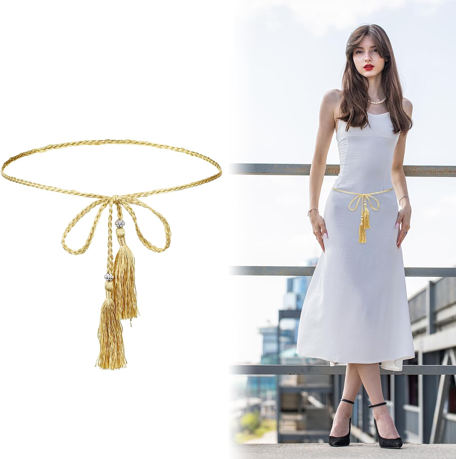TIESOME 1 Pcs Gold Tassel Belt, Skinny Braided Rope Waist Belt for Women, Bowknot Tassel Accent Adjustable for Dress Skirt, Gold