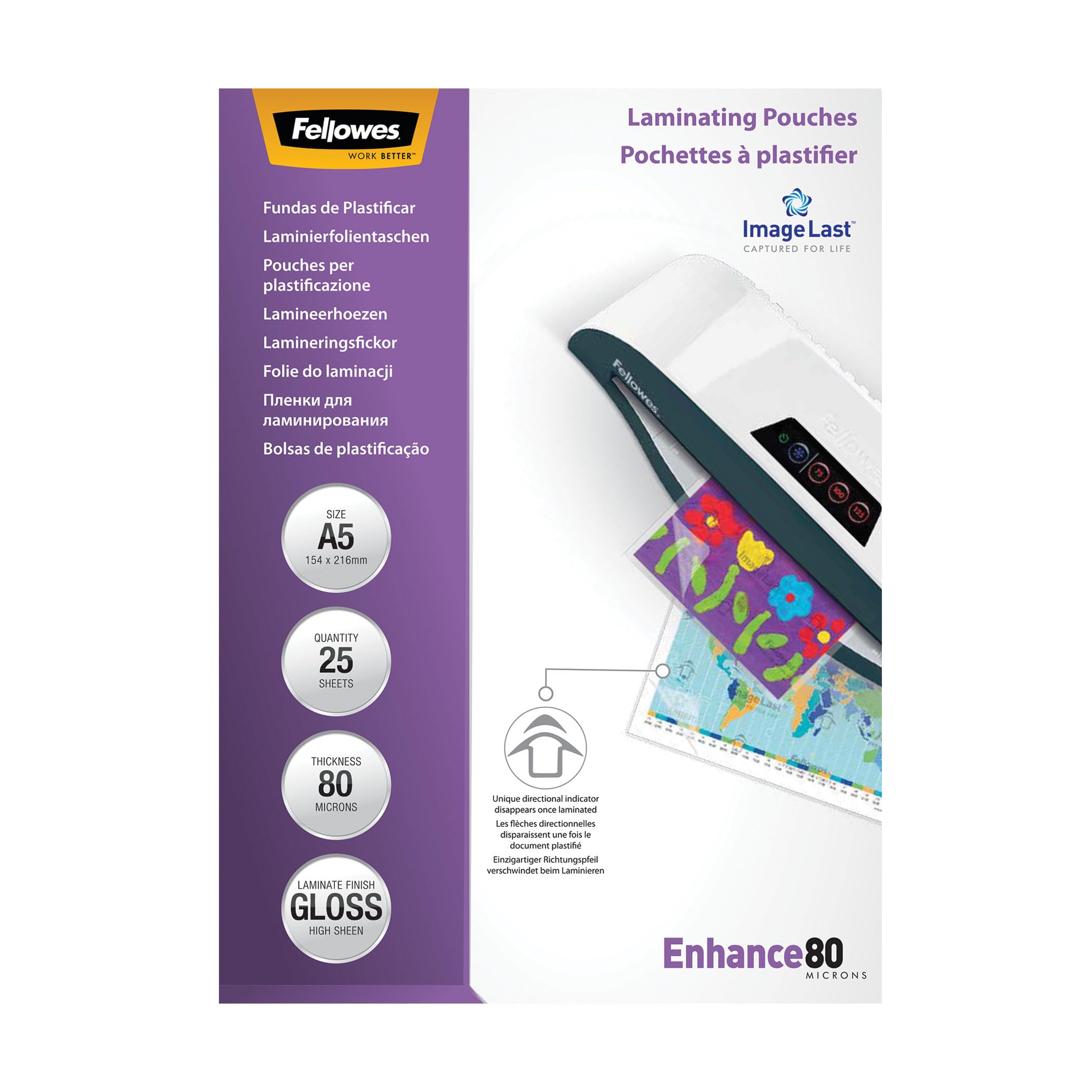 Pochettes de plastification Fellowes au format A5, 80 microns, Pack de 25 Feuilles à plastifier, Finition Brillante, Technologie ImageLast Aspect Haute Qualité, Idéal pour les photos et affiches