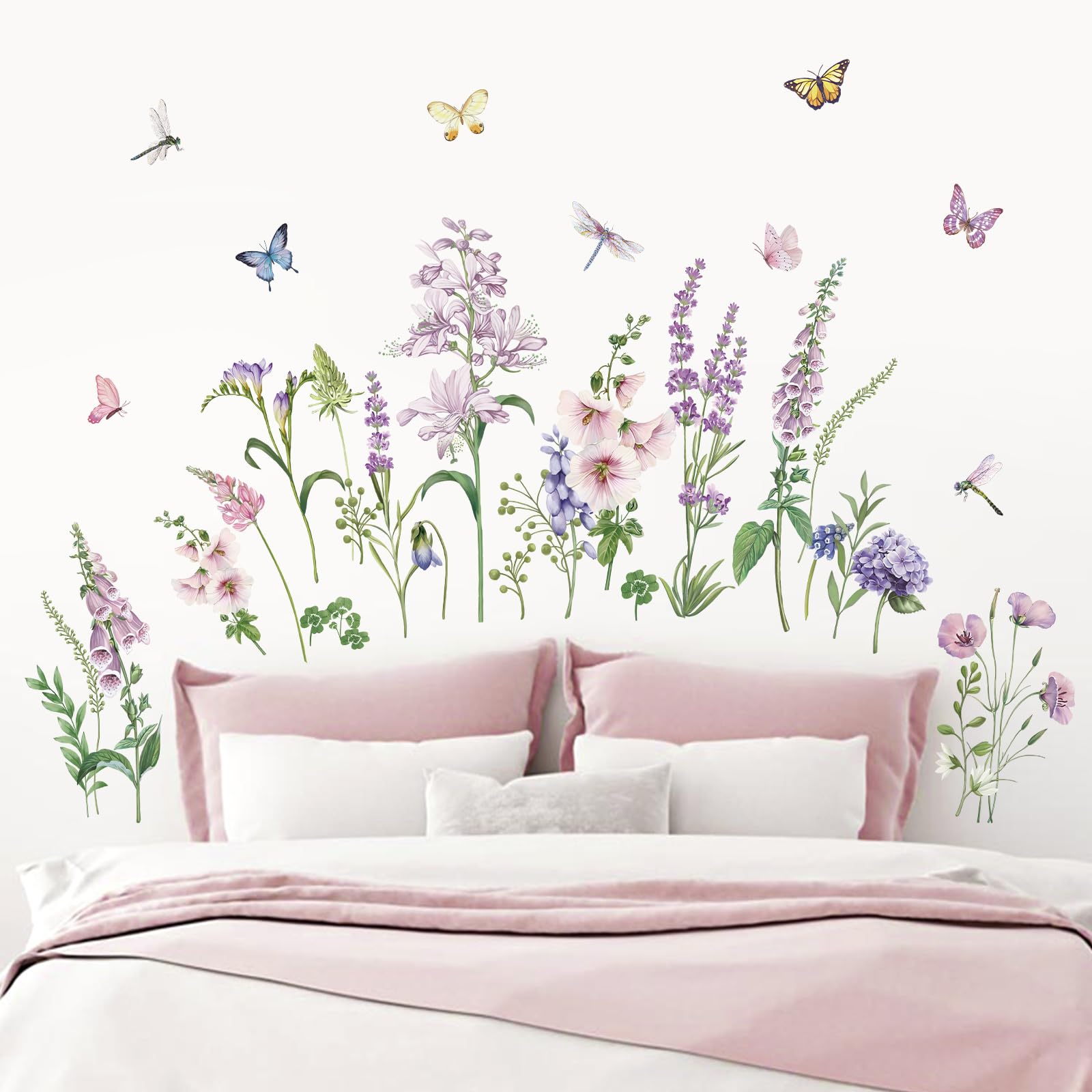 wondever Adesivi Murali Giardino Fiori Rosa Sticker da Muro Floreale Papavero Farfalle Adesivi da Parete per Camera da Letto Soggiorno TV Sfondo