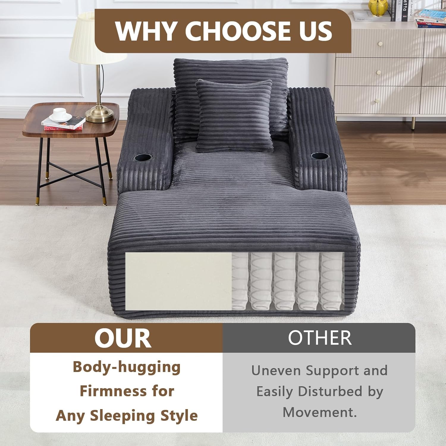 67" Oversized Boneless Lounge Chair Indoor with Cup Holder,Corduroy Cloud Chase Lounge Sofa with 2 Pillows,Upholstered Reading Lounges Chairs in a Box for Livingroom,No Assembly Required (Dark Gray)