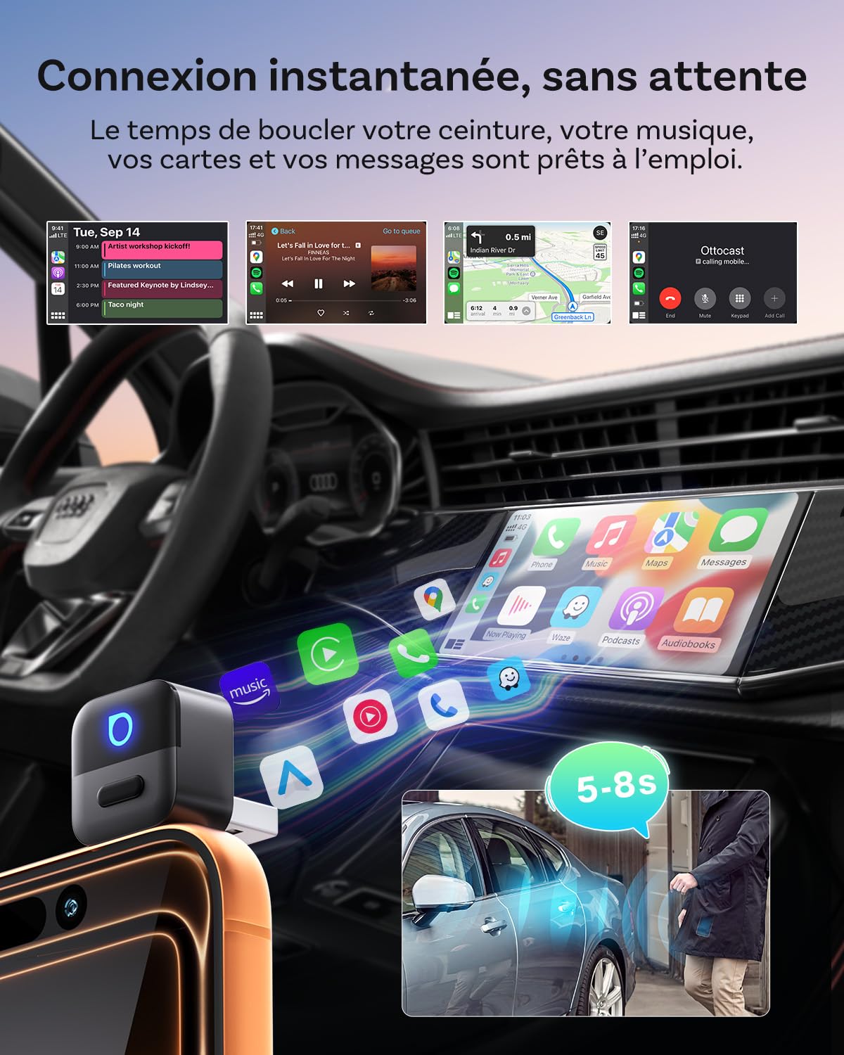 OTTOCAST Mini Pico 2026 Amélioré, Adaptateur sans Fil 2 en 1 CarPlay & Android Auto avec Adaptateur USB-A/C, Changement de Téléphone par Un Bouton, Plug & Play pour Téléphones iOS 10+ & Android 11+