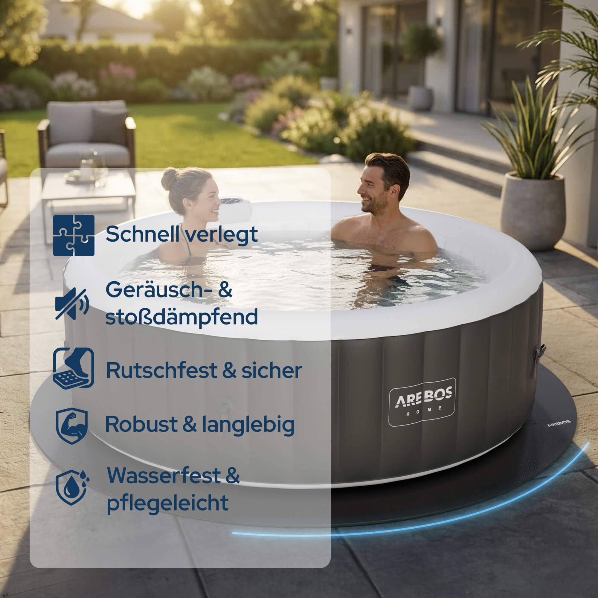 Arebos Spa Pool Bodenschutzmatte rund Ø 200 cm | Eva Whirlpool Unterlage als Puzzlematte | Isolierende & Rutschhemmende Bodenmatte | Schutz für Outdoor & aufblasbare Whirlpools