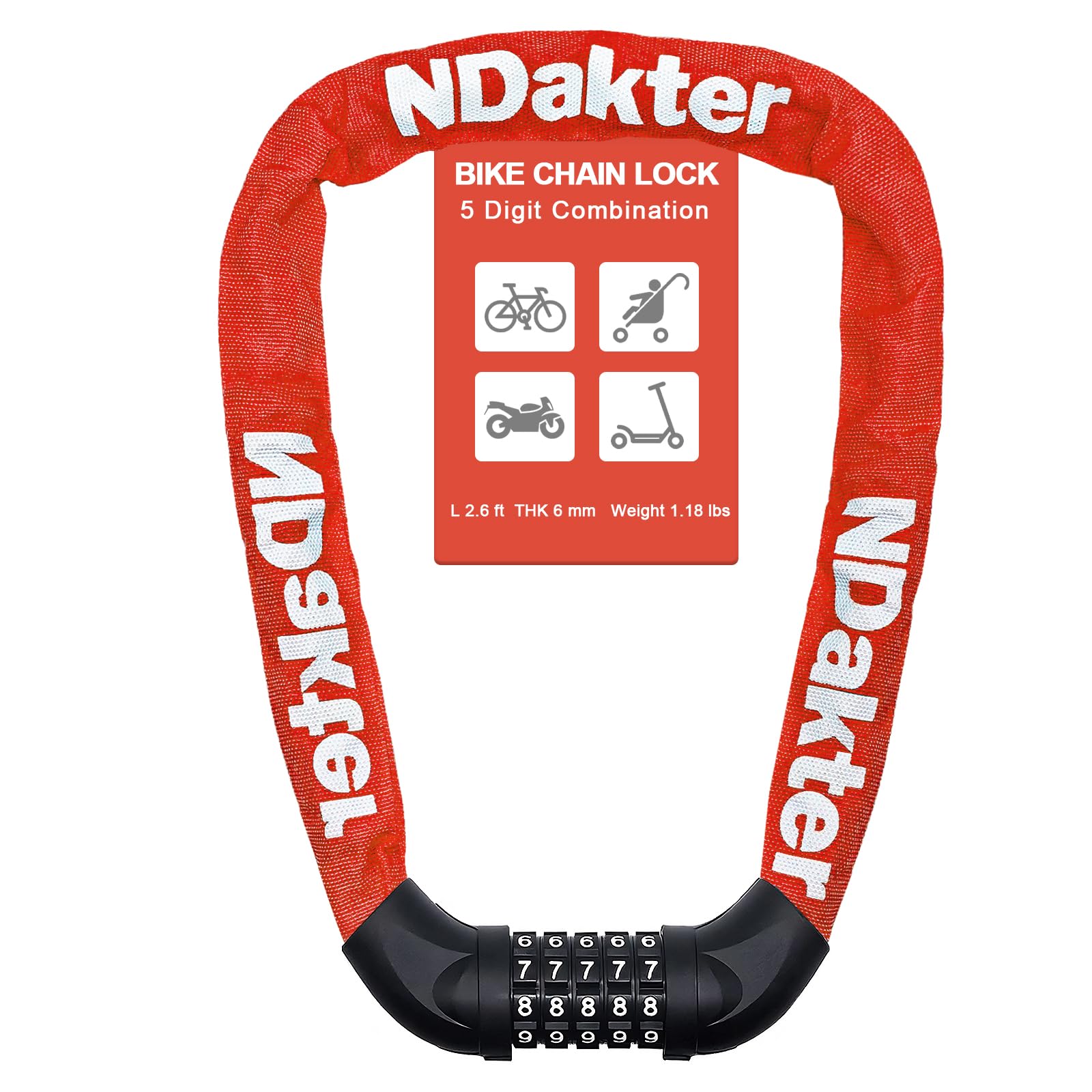 NDakter Bike Lock, 5 Digit Combination Heavy Duty Anti Theft Bicycle Chain Lock, 2.62/3.2/4.27/5/6Ft Long, High Security Resettable, Suitable for Bike, Scooter, Door, Gate, Fence-4/6mm Thick