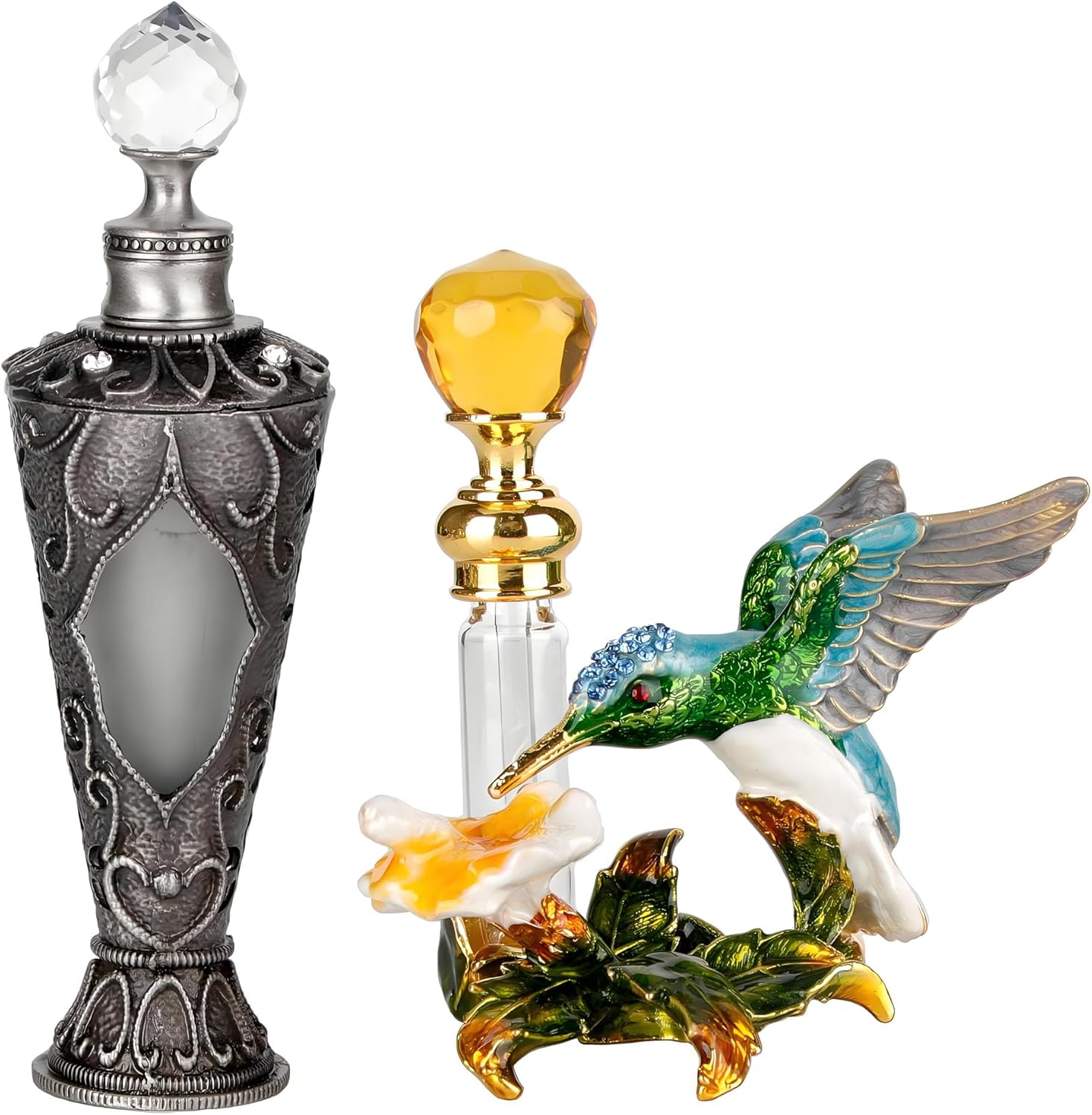 SEVENBEES 25ml Antique Silver Vintage Glass Perfume Bottle and 4ml Hummingbird Glass Bottle
